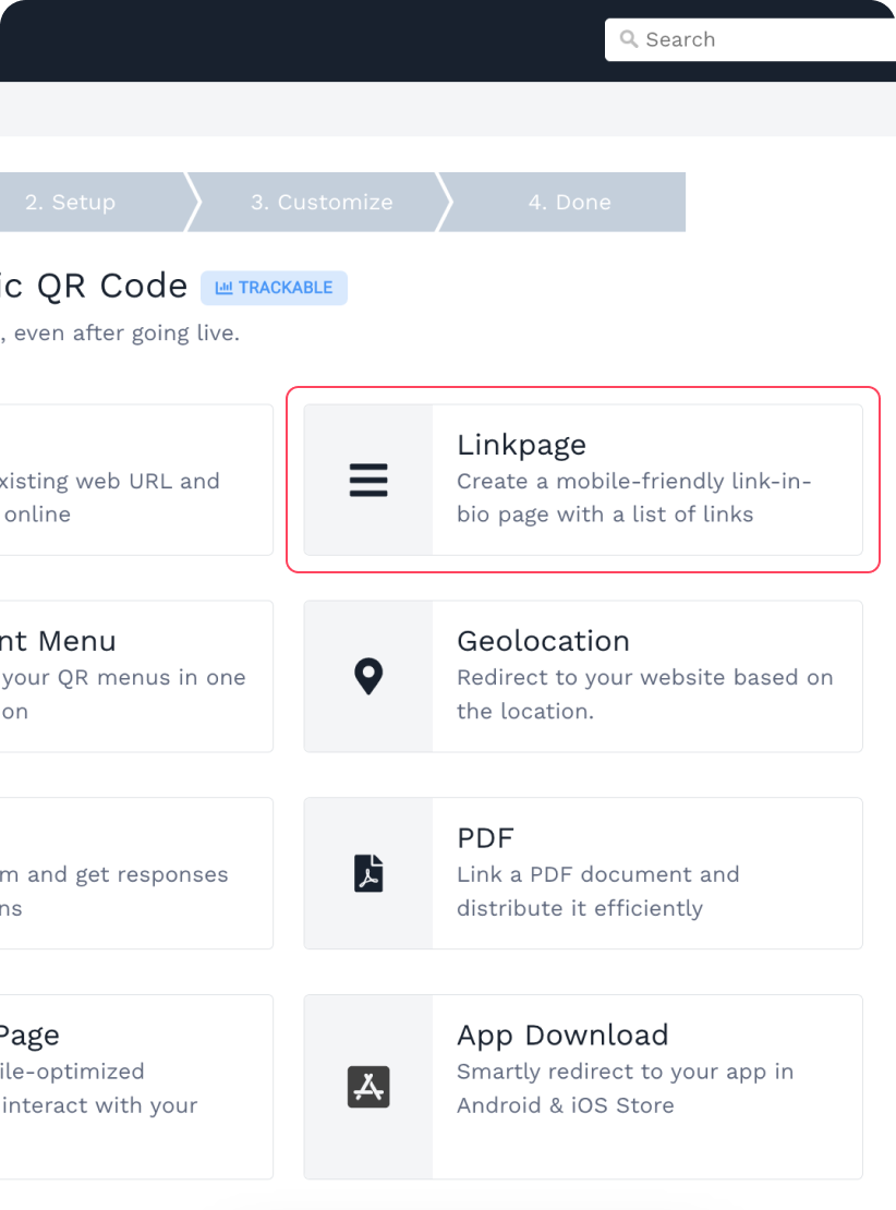 Go to QR Code from the dashboard menu and choose “Linkpages” from the list.