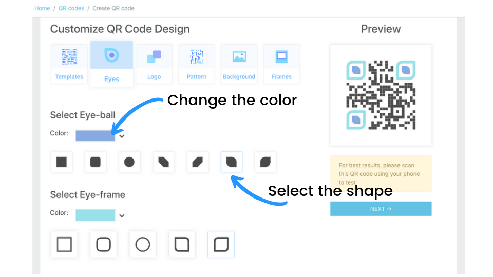 Change the color and shape of the eye balls for QR Code design