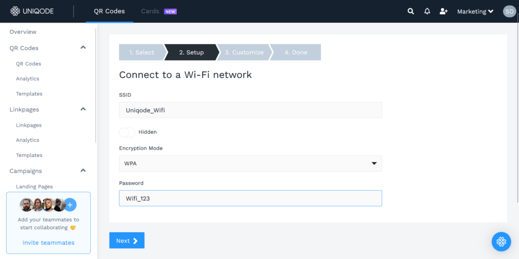 Set up your WiFi QR Code Enter Network Details to create wifi qr code