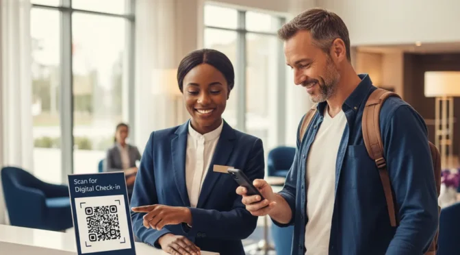 A passenger scanning qr code on the airport for quick check-in