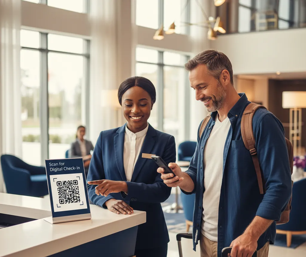 A passenger scanning qr code on the airport for quick check-in