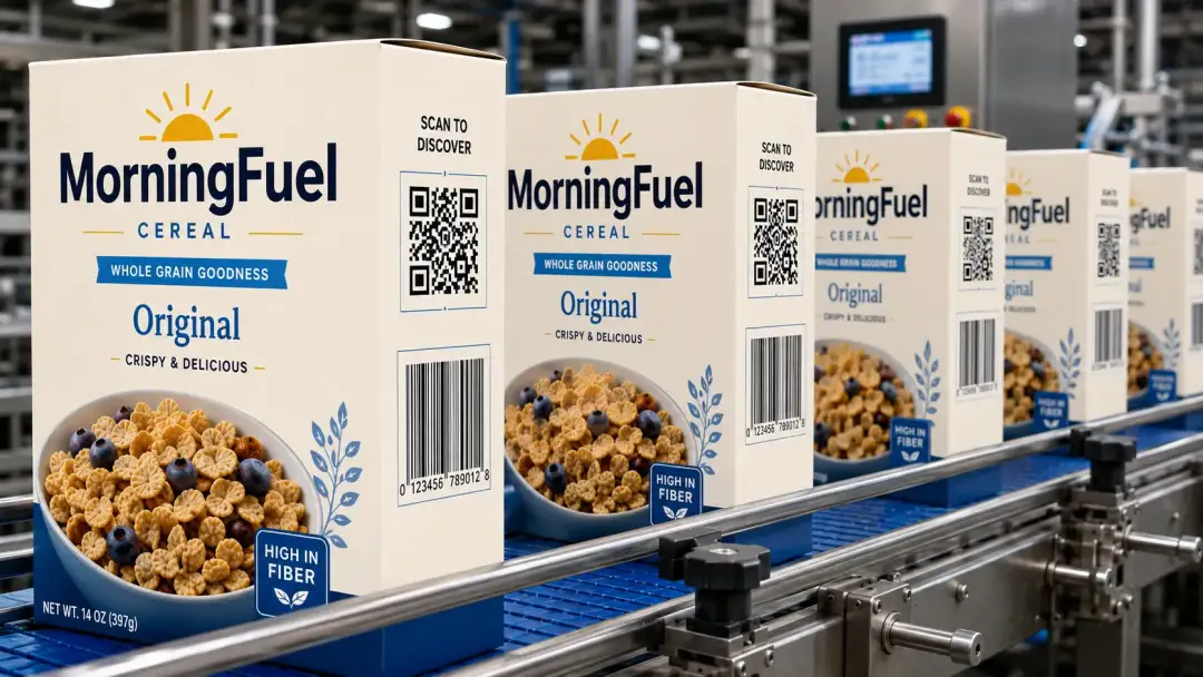 MorningFuel Cereal packaging with a QR Code powered by GS1 next to the linear barcode, on a production line