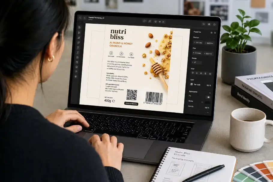 A designer reviewing granola packaging artwork with a QR code and barcode on a laptop
